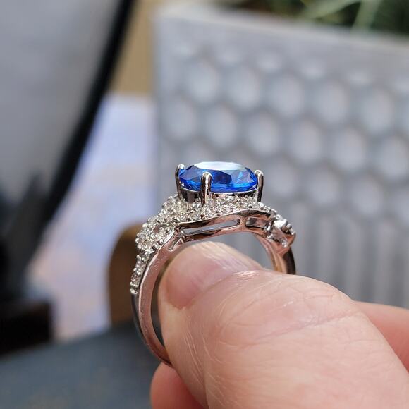 Rhodium Plated Simulated Blue Sapphire Ring - Elegant Statement - Size 10 - Picture 10 of 10